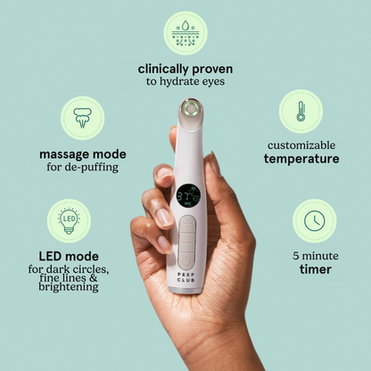 Heated Eye Wand LED+: clinically proven to hydrate eyes, massage mode for de-puffing, LED mode, customisable temperature, 5-minute timer