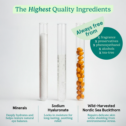 Instant Relief Eye Spray ingredients: minerals, sodium hyaluronate and wild-harvested Nordic sea buckthorn; always free from fragrance, preservatives, phenoxyethanol, alcohol and tea tree