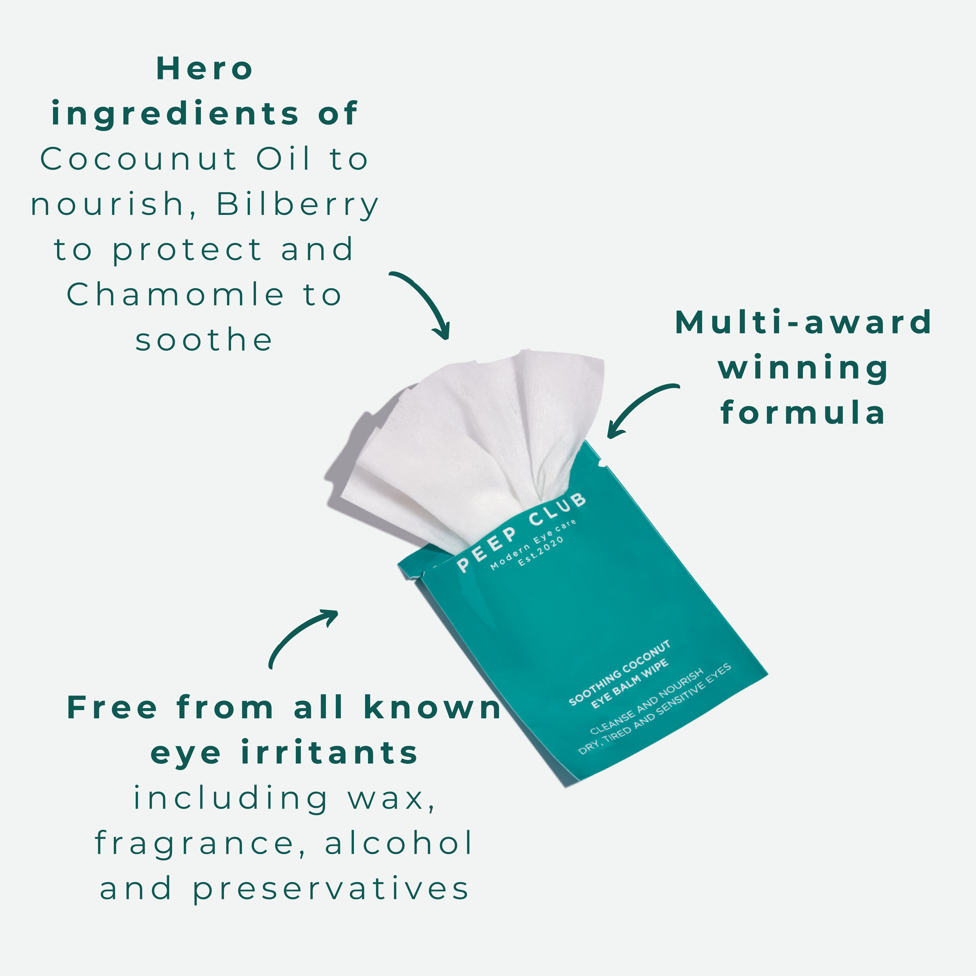 Gentle lid wipes with coconut oil, bilberry and chamomile to soothe eyes and promote lash health